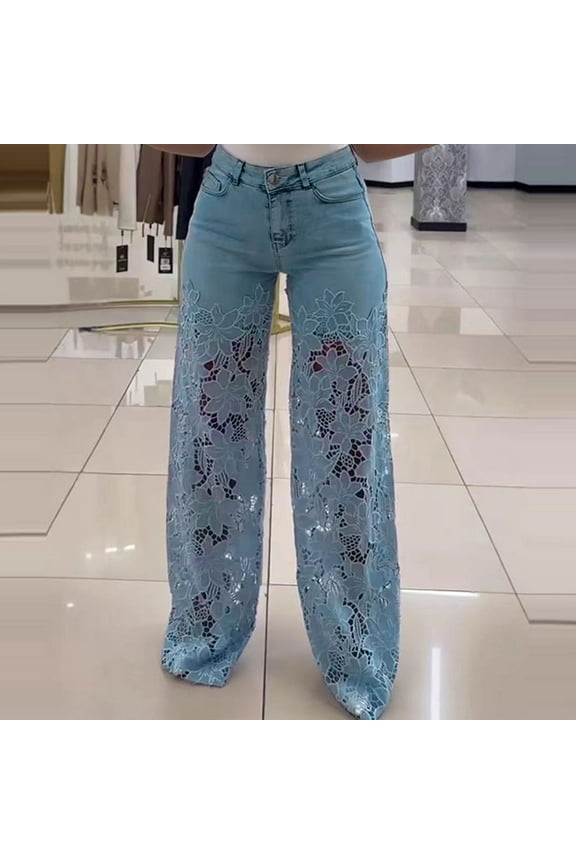 Karight Women's Lace Patchwork Jeans High Waisted Straight Wide Leg Hollow Out Sheer Flower Baggy Stetch Denim Pants
