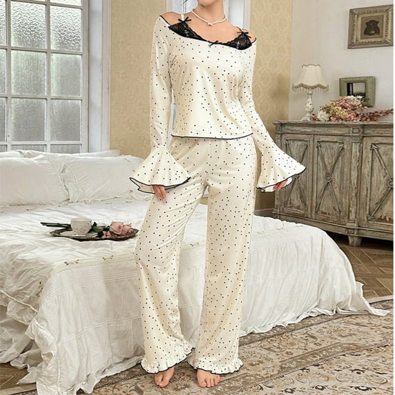 Karight Women's Lace Patchwork Pajama Sets Cute Polka Dots Long Sleeve Top Matching Pants 2 Piece Sleepwear Lounge Set