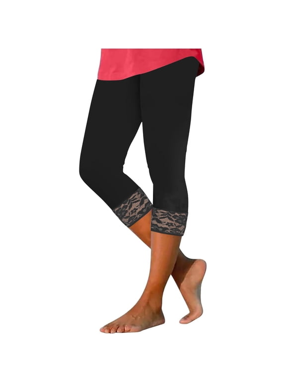 Women's Lace Trim Leggings 3/4 Length Capri Stretchy High Waist Yoga Cropped Leggings Lightweight Tights Leggings