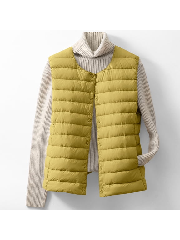 Women's Lightweight Down Vest Collarless Button Down Puffer Vests Sleeveless Quilted Jacket Waistcoat with Pockets