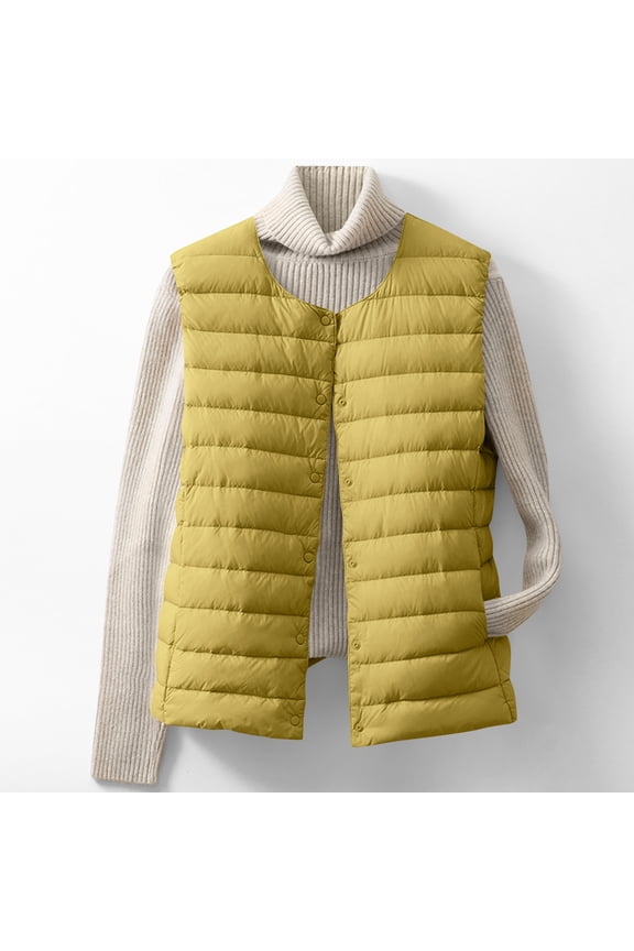 Women's Lightweight Down Vest Collarless Button Down Puffer Vests Sleeveless Quilted Jacket Waistcoat with Pockets