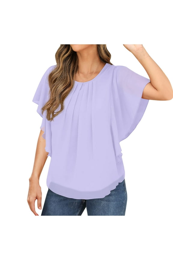 Women's Lightweight Flowy Shirt Double-Layered Printed Chiffon Poncho Blouse Top