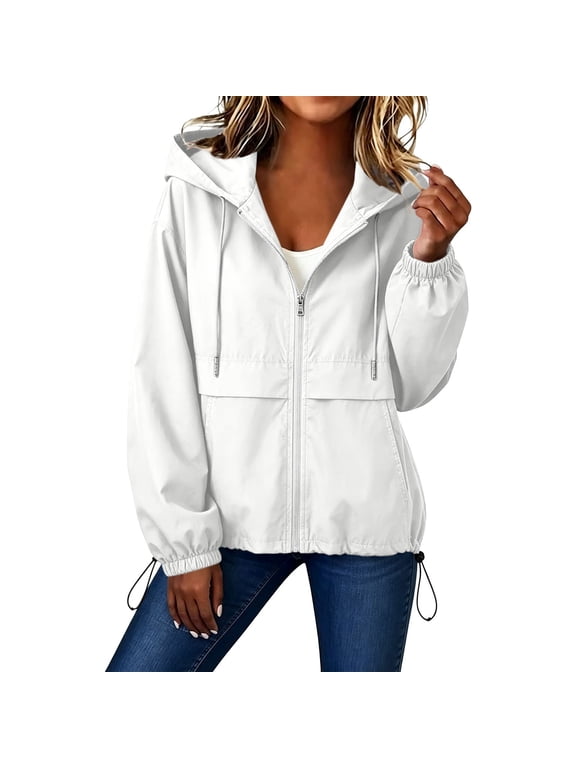 Women's Lightweight Zip-Up Hooded Windbreaker Jacket Adjustable Drawstring Outdoor Coat with Pockets and Elastic Cuffs