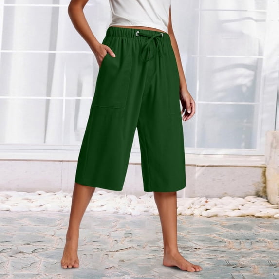 Karight Women's Linen Capri Pants Wide Leg with Drawstring Elastic Waist Casual Cropped Pant
