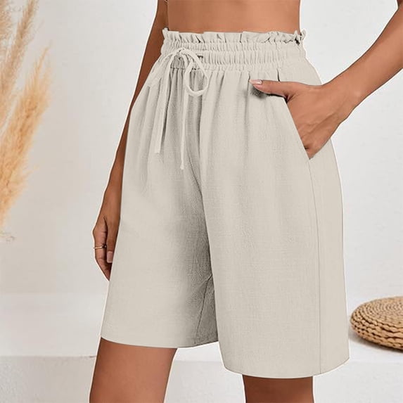 Karight Women's Linen Summer Shorts Casual Bermuda Wide Leg Mid Length High Waisted Drawstring Short with Pocket