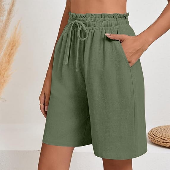 Karight Women's Linen Summer Shorts Casual Bermuda Wide Leg Mid Length High Waisted Drawstring Short with Pocket