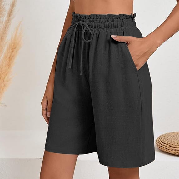 Karight Women's Linen Summer Shorts Casual Bermuda Wide Leg Mid Length High Waisted Drawstring Short with Pocket