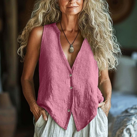 Karight Women's Linen Tank Tops Button Down V Neck Solid Dressy Blouse Sleevesless Casual Loose Fit Tunic Tops Summer T Shirts