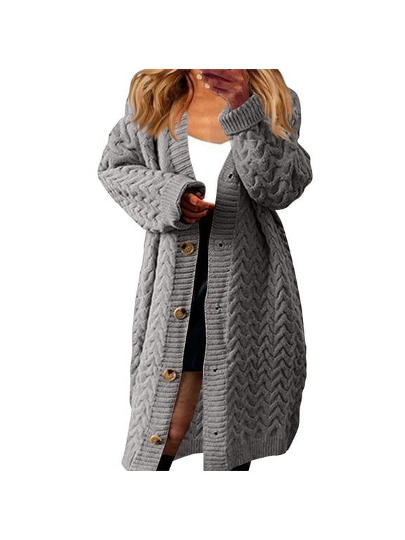 Women's Long Cardigan Coats Cable Knit Casual Open Front Long Sleeve Loose Sweater with Pockets