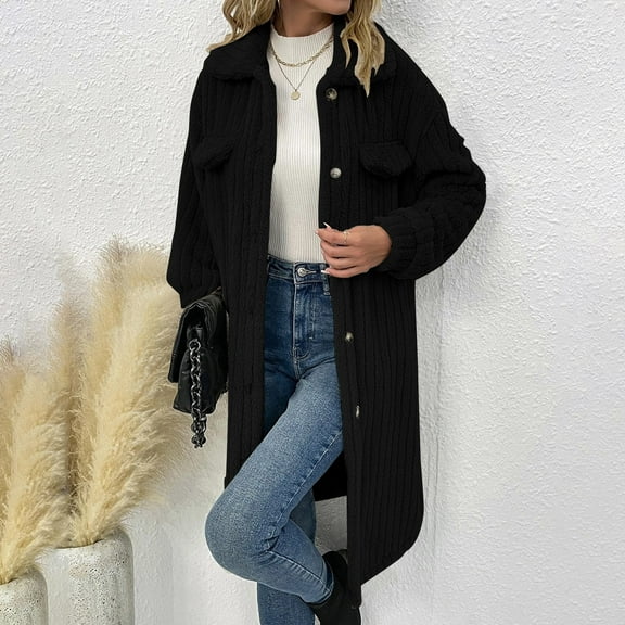 Karight Women's Long Sleeved Button Lapel Solid Color Medium Long Fashionable Winter Jacket