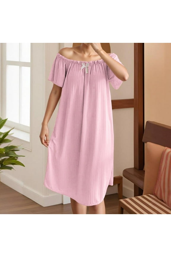 Women's Milk Silk Striped Nightdress One-line Tie Bra Pad Solid Color Dress Nightdress