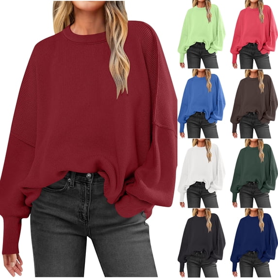 Karight Women's Oversized Batwing Sweaters Spring Outfits Trendy Crewneck Knit Side Slit Fashion Pullover Tops