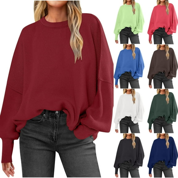 Karight Women's Oversized Batwing Sweaters Spring Outfits Trendy Crewneck Knit Side Slit Fashion Pullover Tops