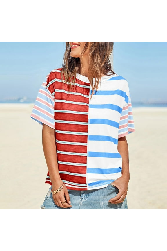 Women's Oversized Striped Patchwork T - Shirt Casual Loose Fit Short Sleeve Tee for Summer Beach & Daily Outfits
