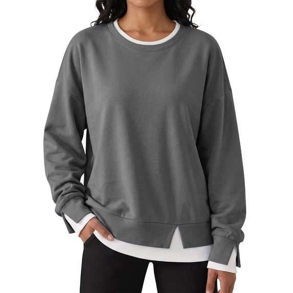 Karight Women's Oversized Sweatshirt Faux Layered Crew Neck Long Sleeve Pullover Casual Drop Shoulder Top with Split Hem