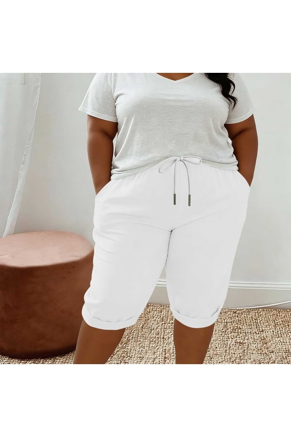 Women's Plus Size Casual Soft Elastic Waist Jersey Bermuda Shorts with Drawstring Pull On Sweat Capri Pant