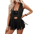 thumbnail image 1 of Karight Women's Plus Size Studded Fringe Trim Open Front Sleeveless Faux Suede Vest Jacket, 1 of 8