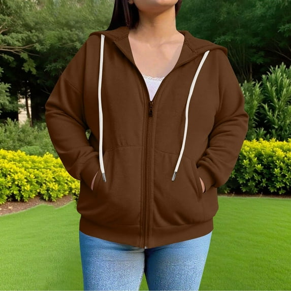 Karight Women's-Plus-Size-Zip-Up-Hoodies Long Sleeve Drawstring Hooded Sweatshirts Full Zip Lightweight Tops with Pockets