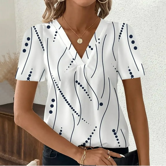 Karight Women's Printed Sleeveless Blouses V Neck Pleated Summer Work Shirts Tops
