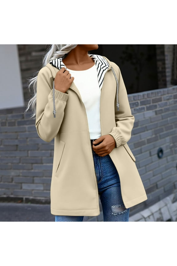 Women's Rain Jacket Waterproof Windbreaker Lightweight Long Raincoats Striped Lined Outdoor Windbreaker with Hood