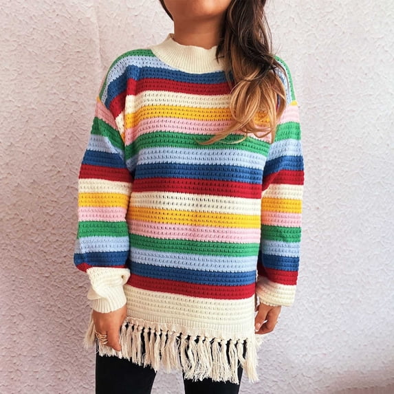Karight Women's Rainbow Sweater Fringed Hem Long Sleeve Boho Colorful Striped Knitted Casual Trendy Pullover Tops
