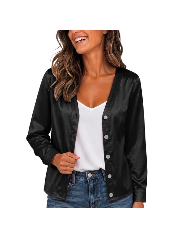 Women's Satin Button-Down Jacket Long Sleeve Glossy Silk-Like Blazer Cardigan with V-Neck