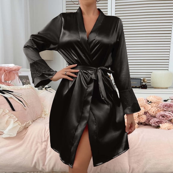 Karight Women's Satin Robes Ruffled Sleeve Silk Robe Short Kimono Bride Bathrobes Lace Trim Loungewear with Pockets