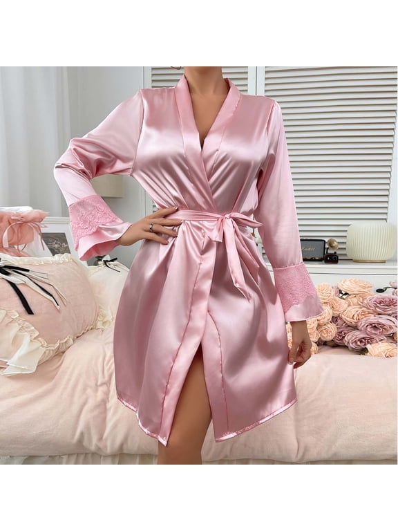 Women's Satin Robes Ruffled Sleeve Silk Robe Short Kimono Bride Bathrobes Lace Trim Loungewear with Pockets