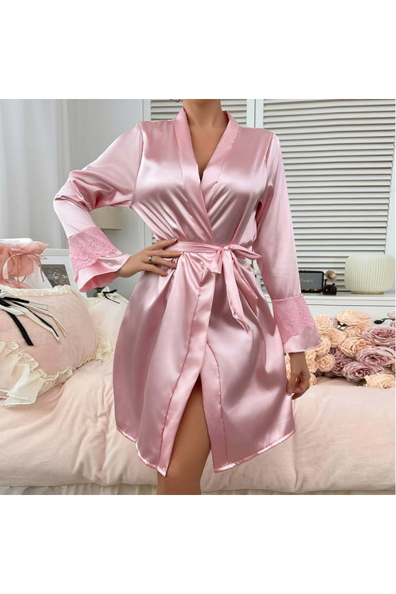 Women's Satin Robes Ruffled Sleeve Silk Robe Short Kimono Bride Bathrobes Lace Trim Loungewear with Pockets