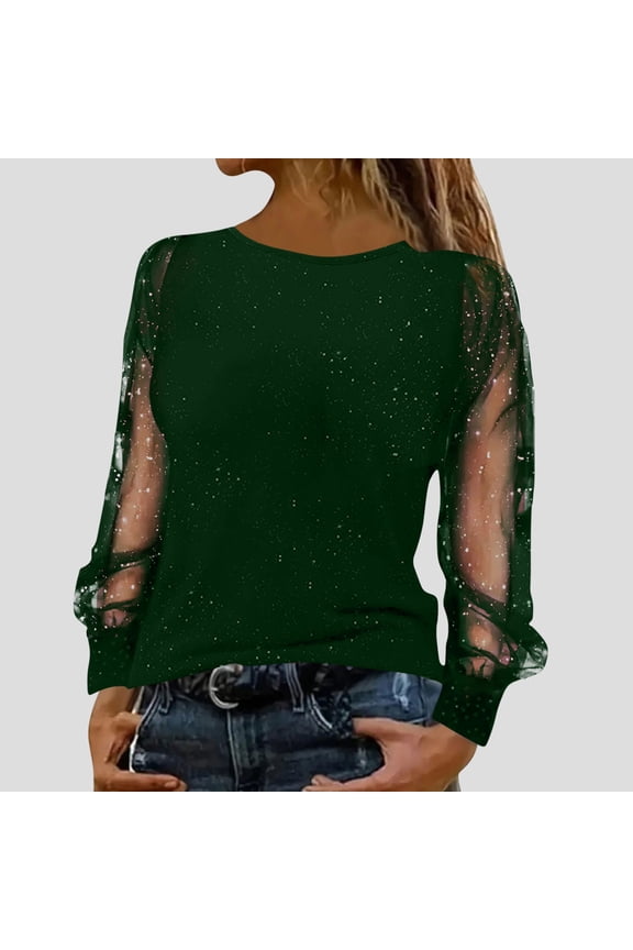 Women's Sequin Blouses Shiny Glitter Mesh Tops Splice Sparkly Dressy Long Sleeve Loose Tunic Spring Casual Shirts