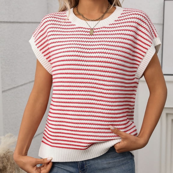 Karight Women's Short Sleeve Knit Sweater Tops Trendy Crewneck Striped Pullover Vest 2026 Summer Spring Vacation Shirt Blouses