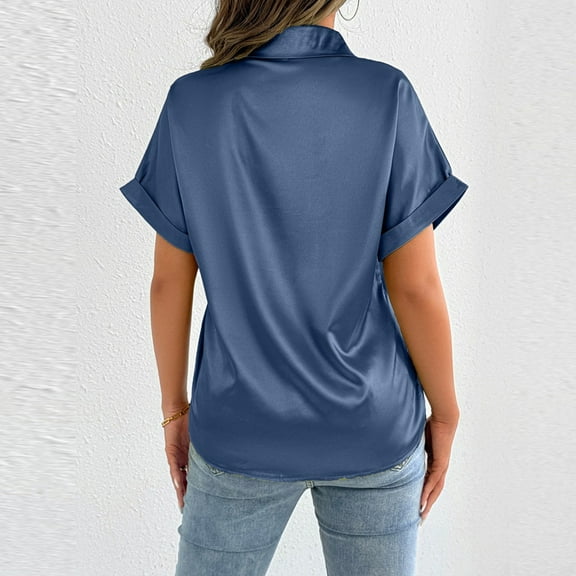 Karight Women's Silk Short Sleeve Shirts Satin Casual Blouses Button Down Tops for Women