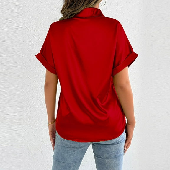Karight Women's Silk Short Sleeve Shirts Satin Casual Blouses Button Down Tops for Women