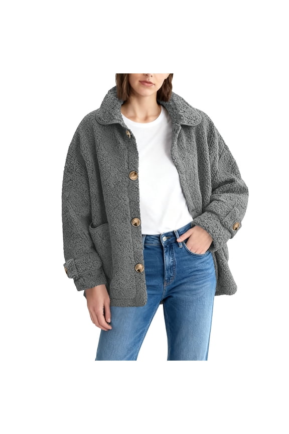 Women's Soft Fluffy Blazer Jacket Lapel Collar Warm Thick Fuzzy Teddy Fleece Casual Double Breasted Jacket