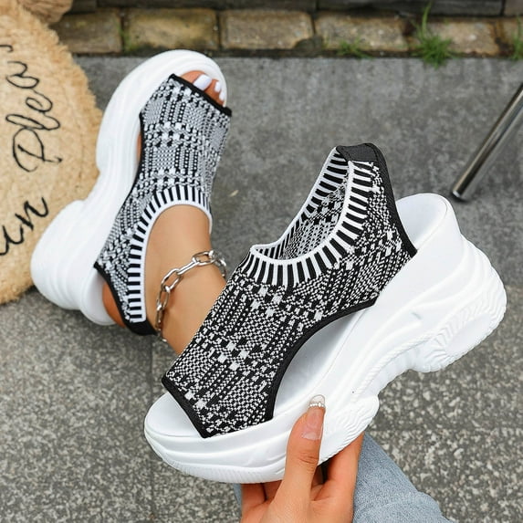 Karight Women's Solid Color Casual Sandals, Platform Elastic Soft Sole Knitted Walking Shoes, Heightening