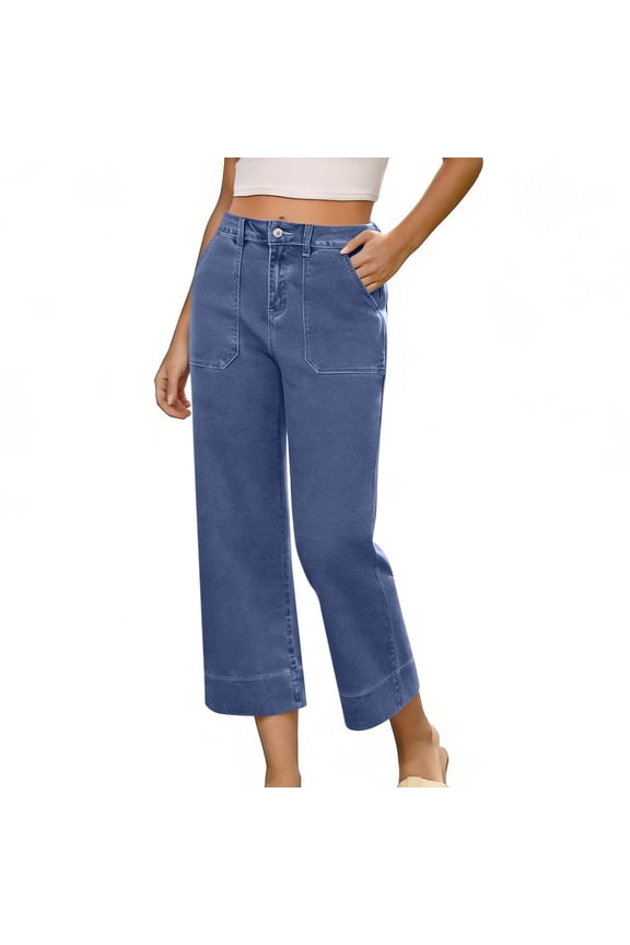 Women's Solid Color Straight Leg Loose Casual Pocket Jeans Cropped Pants