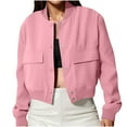 thumbnail image 1 of Karight Women's Spring Varsity Bomber Jackets Long Sleeve Cropped Button Down Casual Coat with Pockets Outwear, 1 of 8