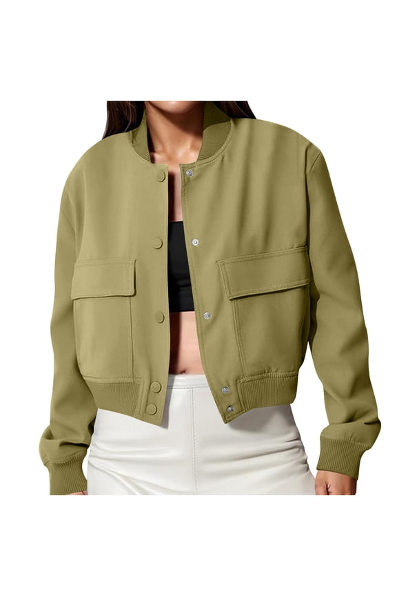 Women's Spring Varsity Bomber Jackets Long Sleeve Cropped Button Down Casual Coat with Pockets Outwear