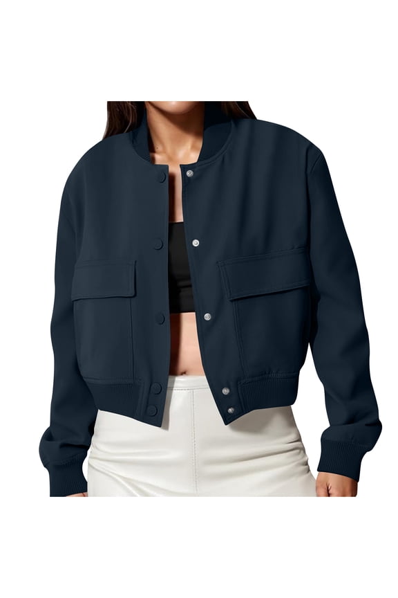 Women's Spring Varsity Bomber Jackets Long Sleeve Cropped Button Down Casual Coat with Pockets Outwear