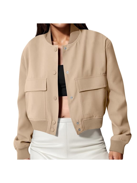 Women's Spring Varsity Bomber Jackets Long Sleeve Cropped Button Down Casual Coat with Pockets Outwear