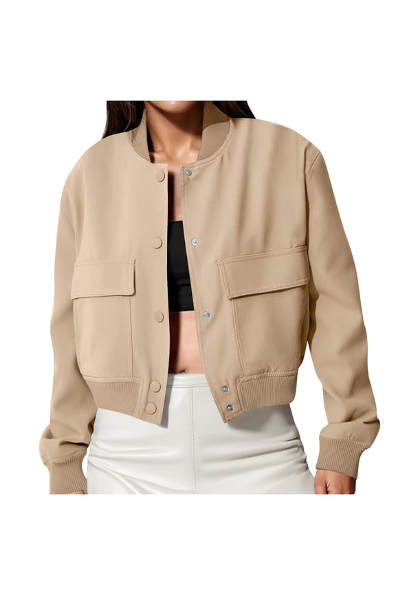 Women's Spring Varsity Bomber Jackets Long Sleeve Cropped Button Down Casual Coat with Pockets Outwear