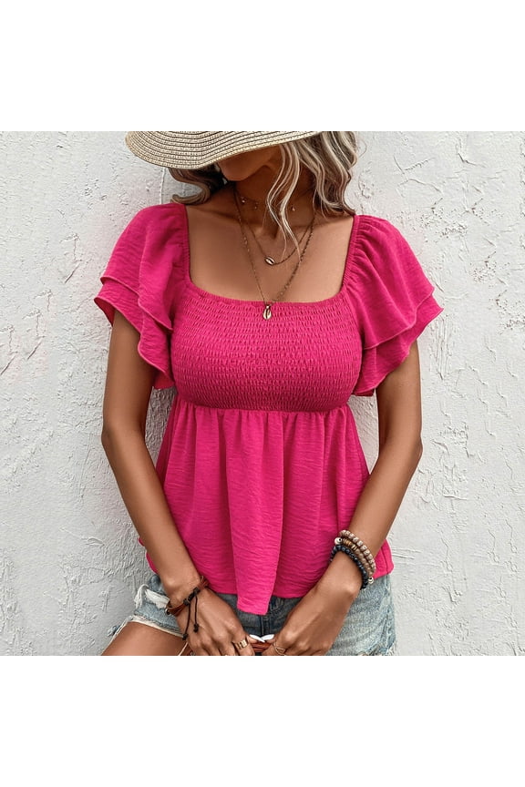 Women’s Square Neck Smocked Peplum Top Ruffle Short Sleeve Babydoll Shirred Blouse