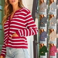 thumbnail image 1 of Karight Women's Stripe Knitted Cropped Gold Buttons Crew Neck Sweater Knit Long Sleeve Crewneck Lady Jackets Coat Cardigan Sweater, 1 of 9