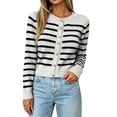 thumbnail image 1 of Karight Women's Striped Button Down Cardigan Crew Neck Long Sleeve Cropped Knit Sweater Outerwear with Gold Buttons, 1 of 7