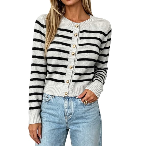 Karight Women's Striped Button Down Cardigan Crew Neck Long Sleeve Cropped Knit Sweater Outerwear with Gold Buttons