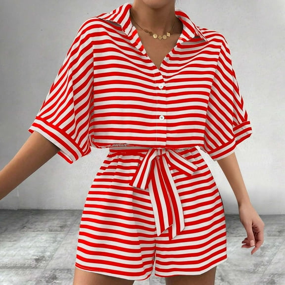 Karight Women's Striped Button Rompers Shorts Fashion Half Sleeve Lapel Collar Loose Jumpsuit Wide Leg Bodysuit with Belt
