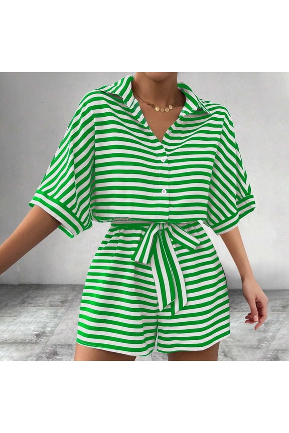 Women's Striped Button Rompers Shorts Fashion Half Sleeve Lapel Collar Loose Jumpsuit Wide Leg Bodysuit with Belt