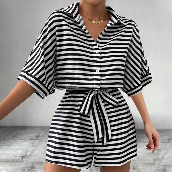 Karight Women's Striped Button Rompers Shorts Fashion Half Sleeve Lapel Collar Loose Jumpsuit Wide Leg Bodysuit with Belt