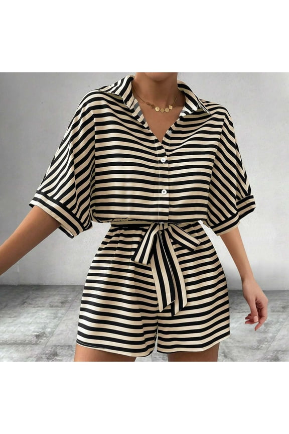 Women's Striped Button Rompers Shorts Fashion Half Sleeve Lapel Collar Loose Jumpsuit Wide Leg Bodysuit with Belt