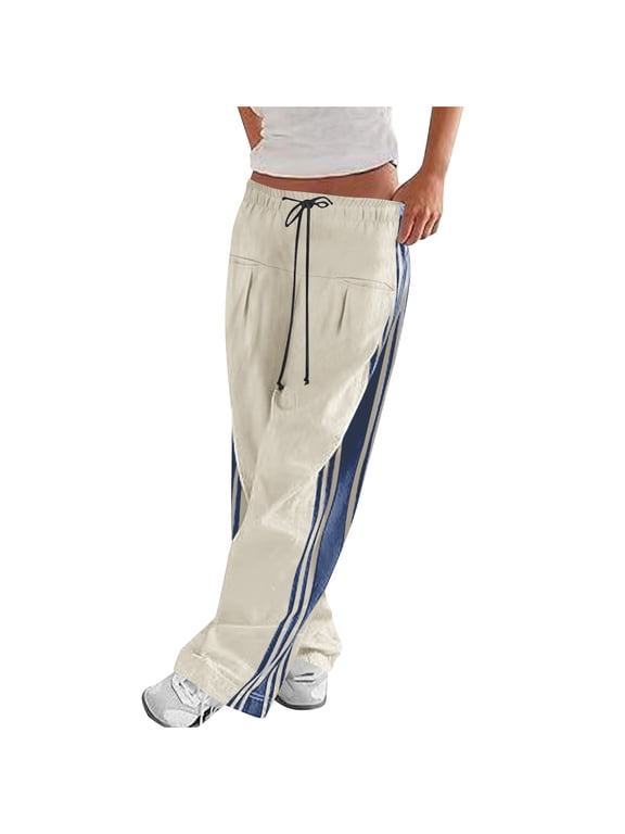 Women's Striped Track Pants Straight Wide Leg Streetwear Athletic Lightweight Trousers with Pockets